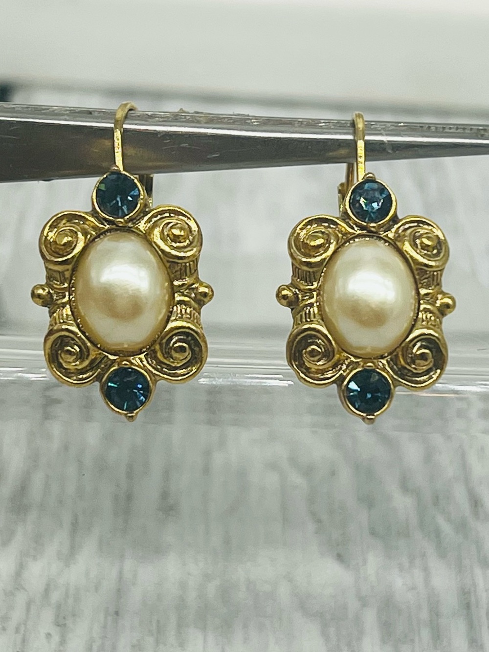 383. Vintage Signed 1928 Faux Pearl Midnight Blue Rhinestone Earrings.